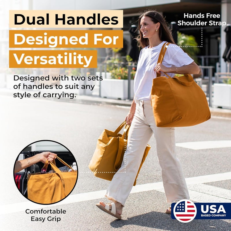 VeraMia Canvas Grocery Bag 3pc XL Set with Real Pockets, Long Shoulder Strap and Short Handle. Heavy Duty, Foldable, Washable - Image 2